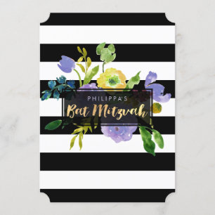 Invitation Bat mitzvah PixDezines Watercolor/Floral/Stripes