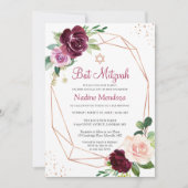 Invitation Bat mitzvah | Plum violet Rose floral géométrique (Devant)