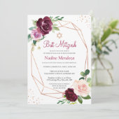 Invitation Bat mitzvah | Plum violet Rose floral géométrique (Debout devant)