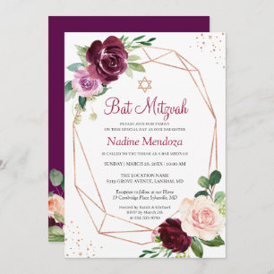 Invitation Bat mitzvah   Plum violet Rose floral géométrique