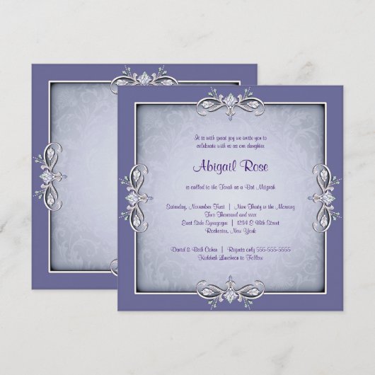 Invitation Bat mitzvah pourpre Damask (Devant / Derrière)