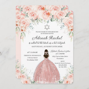 Invitation Bat mitzvah Princess Blush Floral Roses Argent