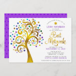 Invitation Bat mitzvah Purple Gold Foil Arbre de vie moderne<br><div class="desc">Soyez fier, réjouissez-vous et présentez cette étape importante de votre Bat mitzvah préféré ! Ce faux arbre graphique en feuille d'or avec brillant turquoise, turquoise, violet et bleu étoile de David et point "feuilles" sur un arrière - plan blanc est l'invitation parfaite pour cette occasion spéciale. Une toute petite étoile...</div>