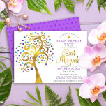 Invitation Bat mitzvah Purple Gold Foil Script Arbre de vie<br><div class="desc">Soyez fier, réjouissez-vous et présentez cette étape importante de votre Bat mitzvah préféré ! Ce faux arbre graphique en feuille d'or avec brillant turquoise, turquoise, violet et bleu étoile de David et point "feuilles" sur un arrière - plan blanc est l'invitation parfaite pour cette occasion spéciale. Une toute petite étoile...</div>