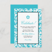 Invitation Bat mitzvah réception turquoise Blue Swirl Damask (Devant / Derrière)