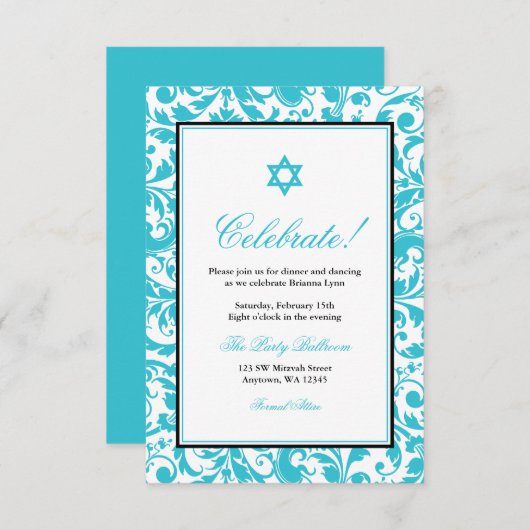 Invitation Bat mitzvah réception turquoise Blue Swirl Damask (Devant / Derrière)