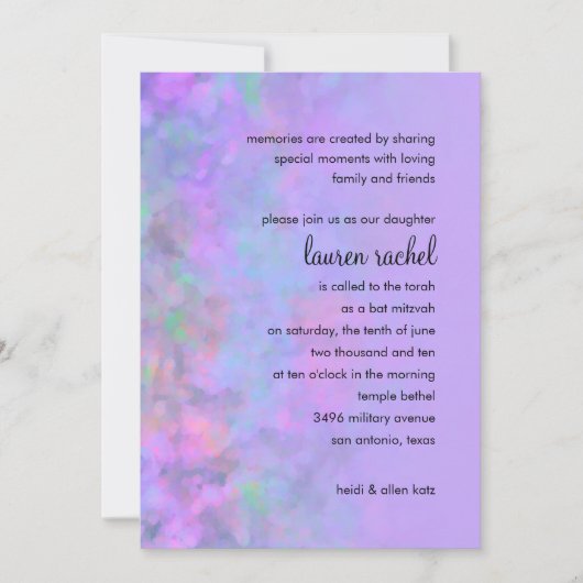 Invitation Bat mitzvah Résumé Conception en violet (Devant)