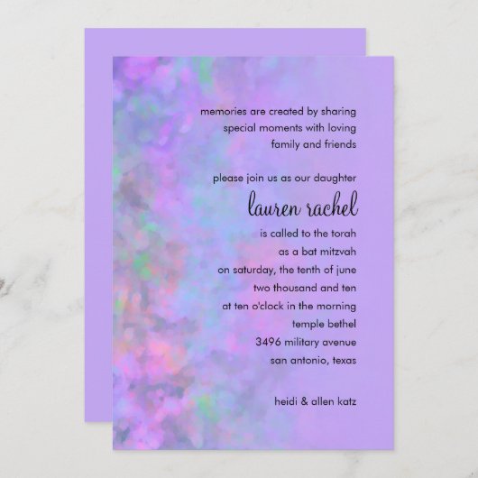 Invitation Bat mitzvah Résumé Conception en violet (Devant / Derrière)