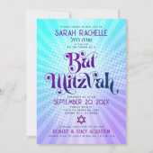 Invitation Bat Mitzvah Rétro Bohème Dégradé Bleu Violet Gras (Devant)