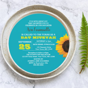 Invitation Bat mitzvah ronde Sunflower Aqua