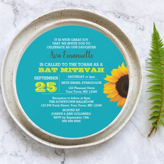 Invitation Bat mitzvah ronde Sunflower Aqua