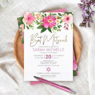 Invitation Bat Mitzvah Rose Aquarelle Florale Or Écriture