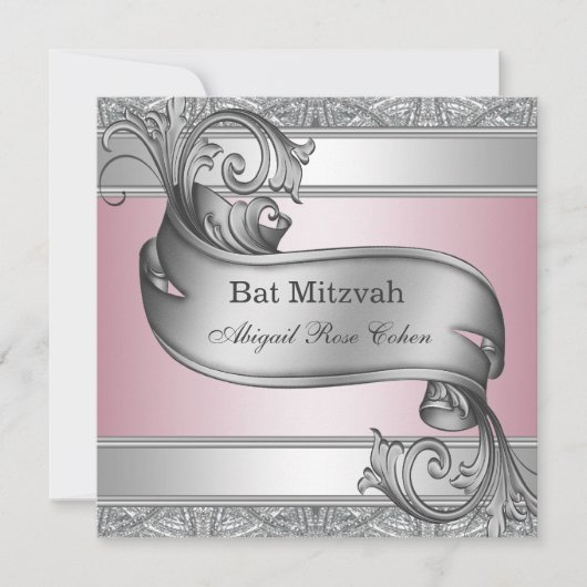 Invitation Bat mitzvah rose argent (Devant)