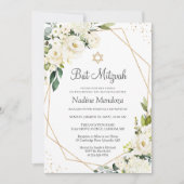 Invitation Bat mitzvah | Rose blanche verte Florale géométriq (Devant)