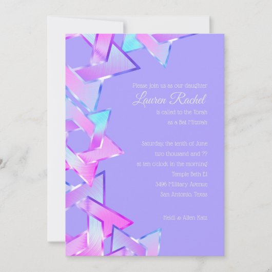 Invitation Bat mitzvah rose bleu violet étoile de David (Devant)