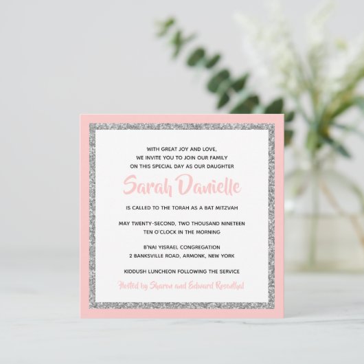 Invitation Bat mitzvah rose et argent (Debout devant)