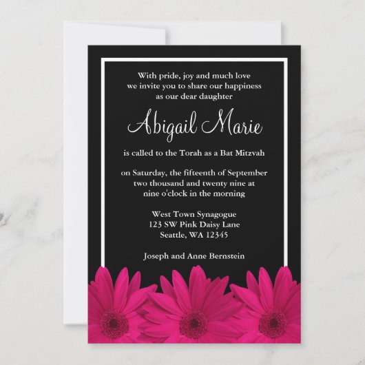Invitation Bat mitzvah rose et noir Gerbera Daisy (Devant)