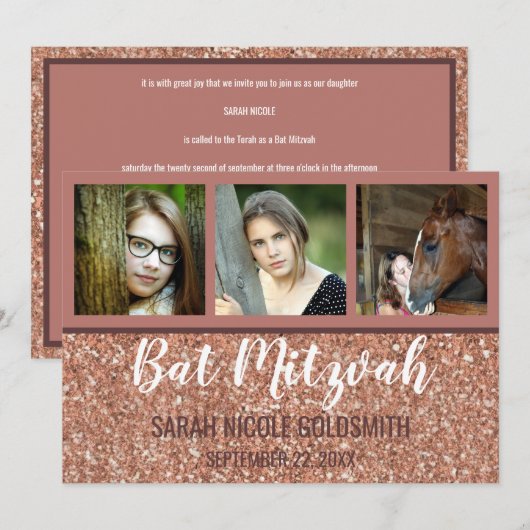 Invitation Bat mitzvah Rose Gold Faux Parties scintillant Pho (Devant / Derrière)