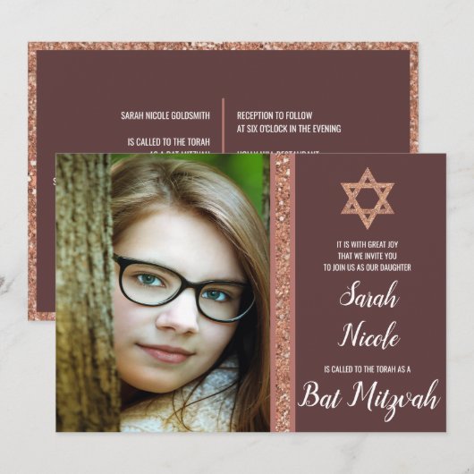 Invitation Bat mitzvah Rose Gold Modern Photo Parties scintil (Devant / Derrière)