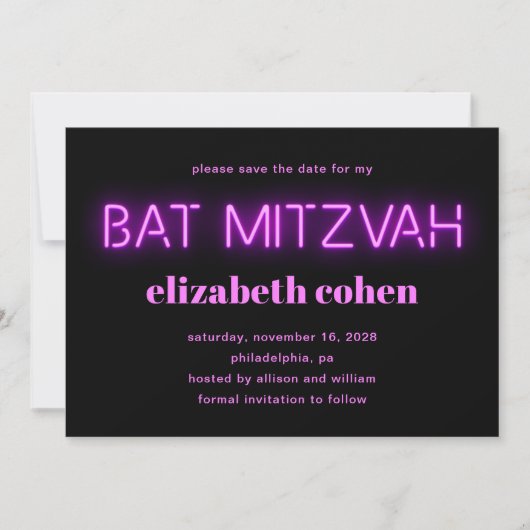 Invitation Bat mitzvah rose néon lumières QR Code Enregistrer (Devant)