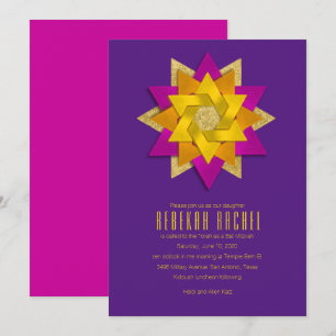 Invitation Bat mitzvah rose orange jaune étoile Fleur pourpre