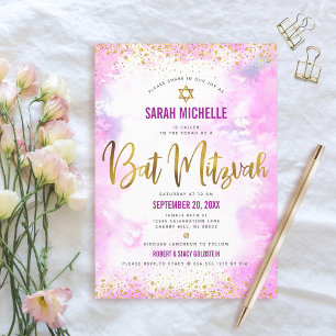 Invitation Bat Mitzvah rose poudré moderne paillettes dorées