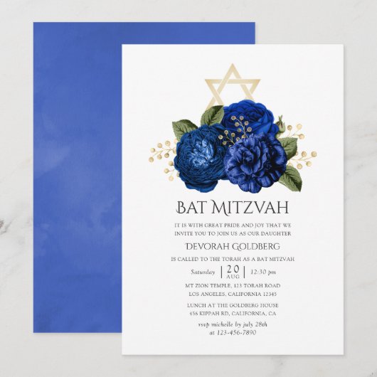 Invitation Bat mitzvah Royal Blue et Gold Floral (Devant / Derrière)