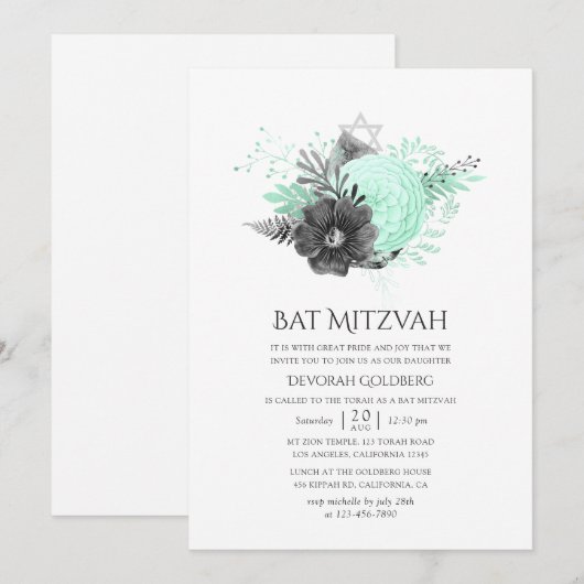 Invitation Bat mitzvah rustique Aqua et Charcoal Floral (Devant / Derrière)