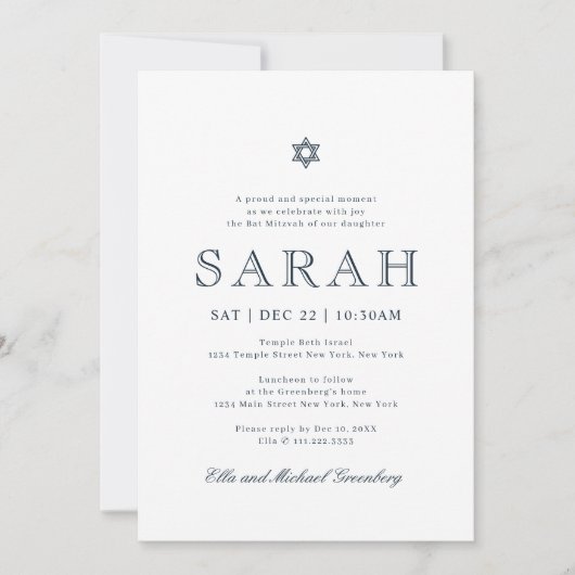 Invitation Bat mitzvah Simple moderne étoile de David (Devant)