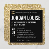 Invitation BAT MITZVAH simple moderne glam noir parties scint (Devant / Derrière)