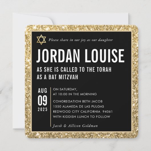 Invitation BAT MITZVAH simple moderne glam noir parties scint (Devant)