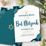 Invitation Bat mitzvah Simple Moderne Turquoise Agate Script<br><div class="desc">Soyez fier, réjouissez-vous et présentez cette étape importante de votre Bat mitzvah préféré ! Envoyez cette invitation de nom hébreu, cool, unique, moderne, personnalisée, pour un événement à retenir. La typographie de script bleu foncé et l'étoile faux or de David superposent un arrière - plan blanc simple et propre avec...</div>