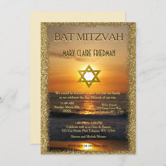 Invitation Bat mitzvah | Soleil doré et sable (Devant / Derrière)