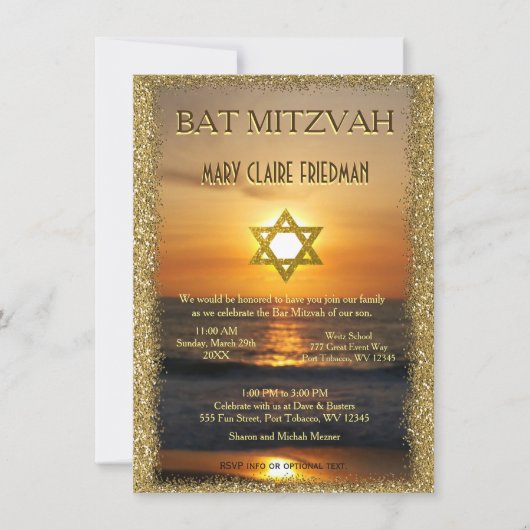 Invitation Bat mitzvah | Soleil doré et sable (Devant)
