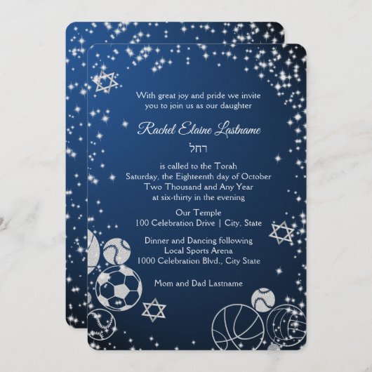 Invitation Bat mitzvah sportif Sparkle (Devant / Derrière)