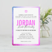 Invitation BAT MITZVAH star moderne fille rose violet glam (Debout devant)