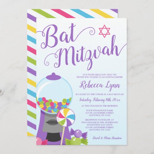 Invitation Bat mitzvah tendance Candy (Devant / Derrière)