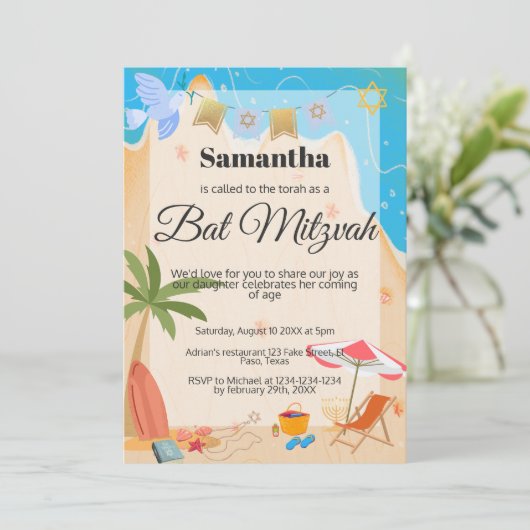 Invitation bat mitzvah : Thème plage, QR (Debout devant)