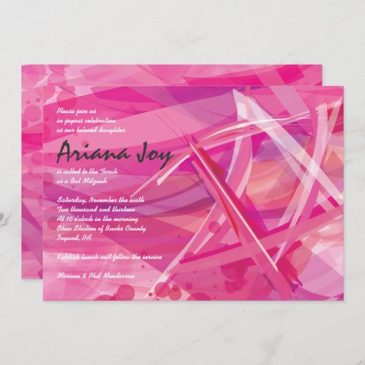Invitation Bat mitzvah TRANSPARENT STAR-Pink (Devant / Derrière)