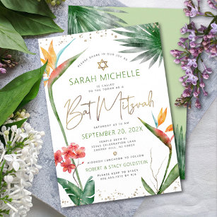 Invitation Bat mitzvah Tropical Floral Aquarelle Gold Script