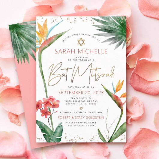 Invitation Bat mitzvah tropical Floral Aquarelle Gold Script