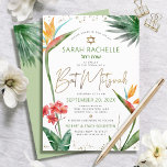 Invitation Bat mitzvah Tropical Gold Script Floral Aquarelle<br><div class="desc">Soyez fier, réjouissez-vous et présentez ce jalon de votre Bat mitzvah préféré avec cette invitation sophistiquée et personnalisée ! Élégant, étonnant, coloré, oiseaux d'aquarelle tropicale de fleurs de paradis, faux écriture manuscrite or, Star of David et points de parties scintillant, avec vert et gris moderne sans serif type, recouvrent un...</div>