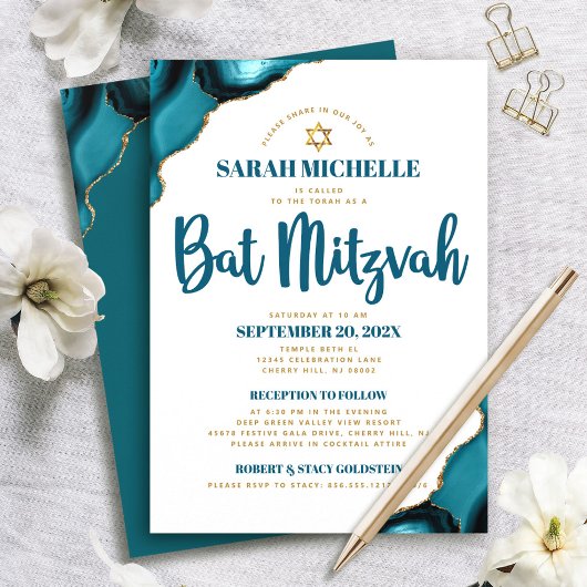 Invitation Bat Mitzvah Turquoise Agate Script 2 Lieu Moderne