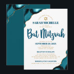Invitation Bat mitzvah Turquoise Agate Script 2 Lieu Moderne<br><div class="desc">Soyez fier, réjouissez-vous et présentez cette étape importante de votre Bat mitzvah préféré ! Envoyer cette invitation cool, unique, moderne, personnalisée pour un événement à retenir. La typographie de script bleu foncé et l'étoile faux or de David superposent un arrière - plan blanc simple et propre avec agate bleu turquoise...</div>