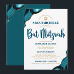 Invitation Bat mitzvah Turquoise Agate Script 2 Lieu Moderne<br><div class="desc">Soyez fier, réjouissez-vous et présentez cette étape importante de votre Bat mitzvah préféré ! Envoyer cette invitation cool, unique, moderne, personnalisée pour un événement à retenir. La typographie de script bleu foncé et l'étoile faux or de David superposent un arrière - plan blanc simple et propre avec agate bleu turquoise...</div>