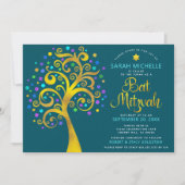 Invitation Bat mitzvah Turquoise Bleu Chic Or Arbre de vie (Devant)