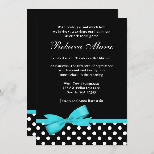 Invitation Bat mitzvah turquoise bleu et noir Pois Bow (Devant / Derrière)