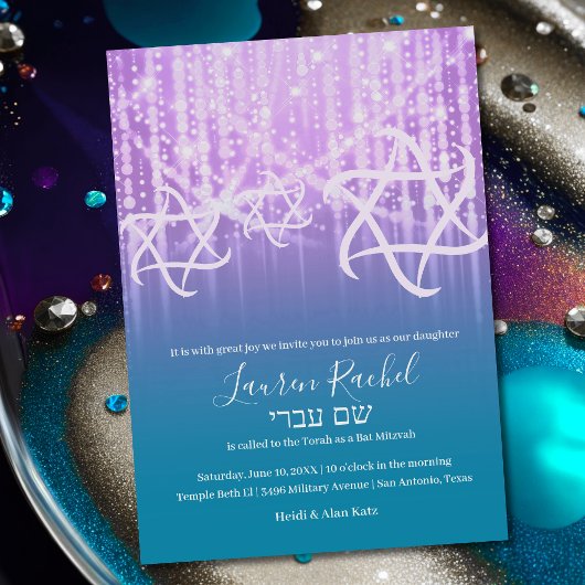 Invitation Bat mitzvah Turquoise Bleu Violet Éclairage
