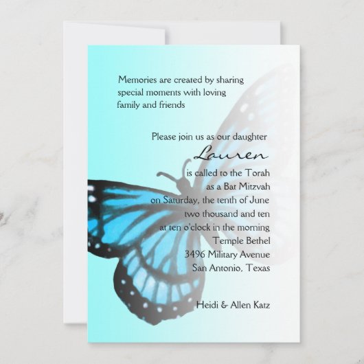 Invitation Bat mitzvah Turquoise Blue Butterfly Ombre (Devant)