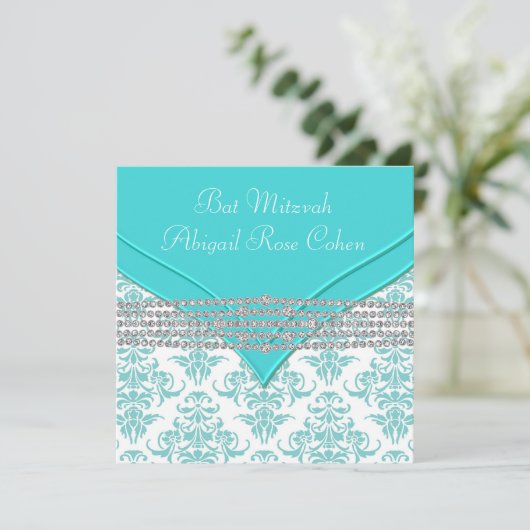 Invitation Bat mitzvah turquoise Blue Damask (Debout devant)